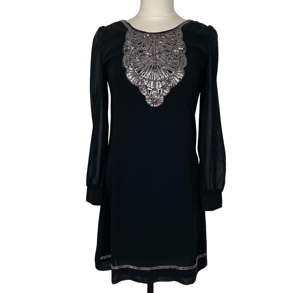 Lynn Adler Black Sequin Dress Small Sheer Sleeve Event Gala Beaded Sparkle